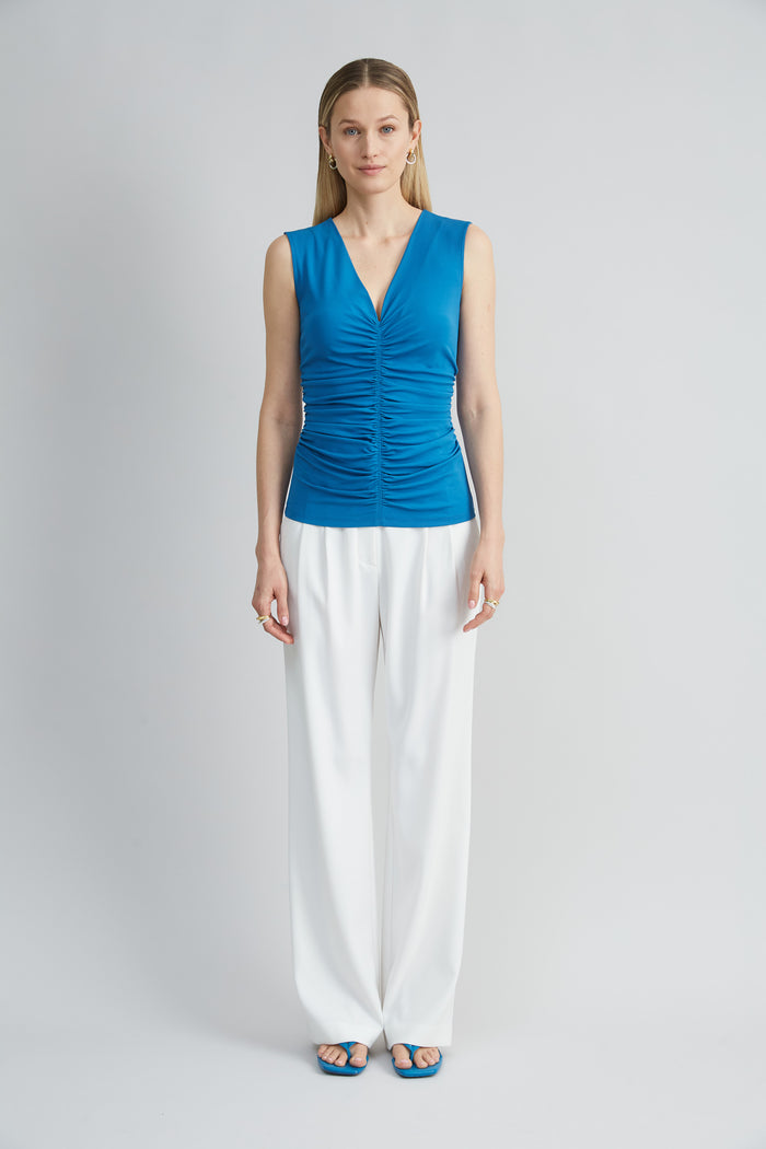 Elie Tahari Ruched V-Neck Jersey Knit OCEAN