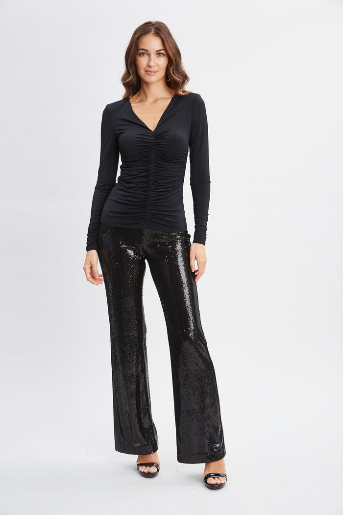 Elie Tahari Ruched V-Neck Knit BLACK