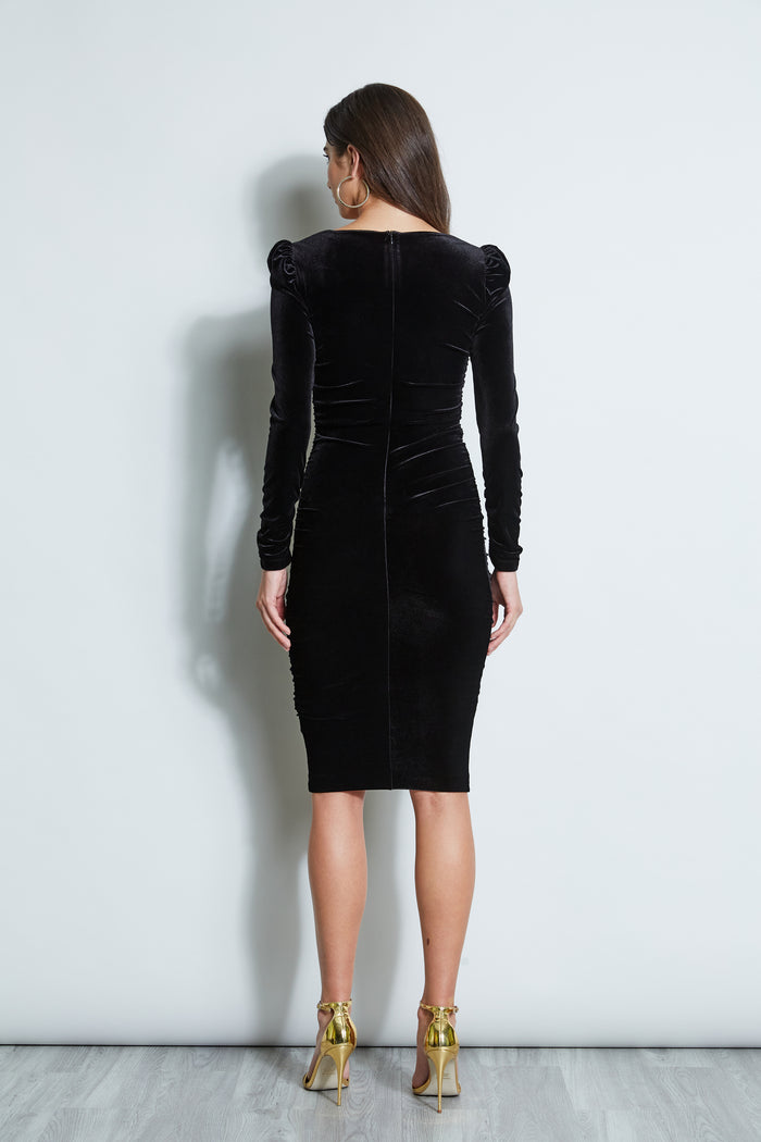 Elie Tahari Ruched Velvet Square Neck Dress BLACK
