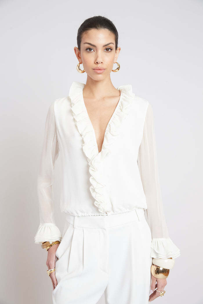 Elie Tahari Ruffle Silk Shirt FRESH PEARL