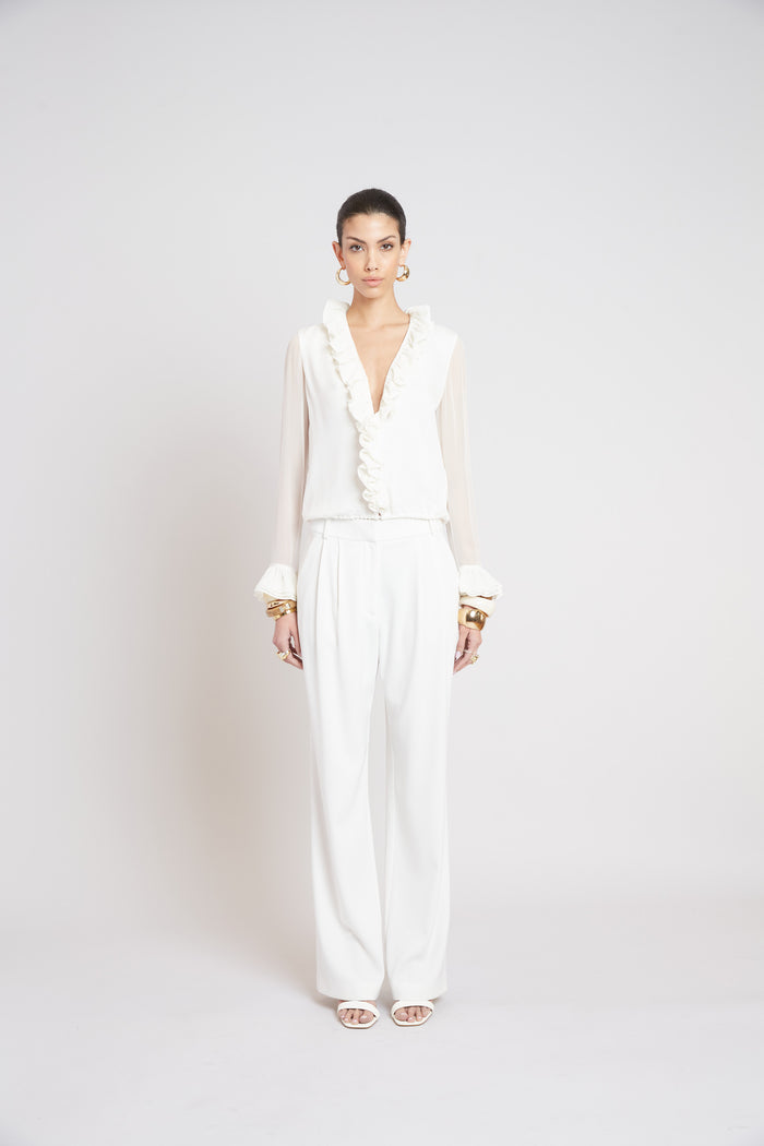 Elie Tahari Ruffle Silk Shirt FRESH PEARL