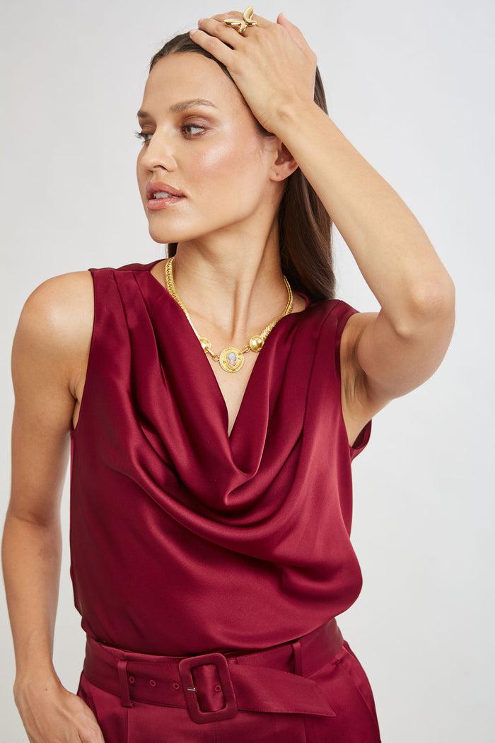 Elie Tahari Satin Cowl Top SANGRIA