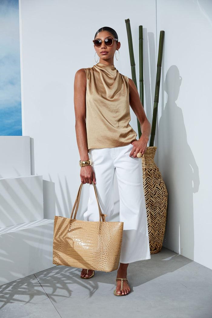 Elie Tahari Satin Draped Neck Top SANDCASTLE