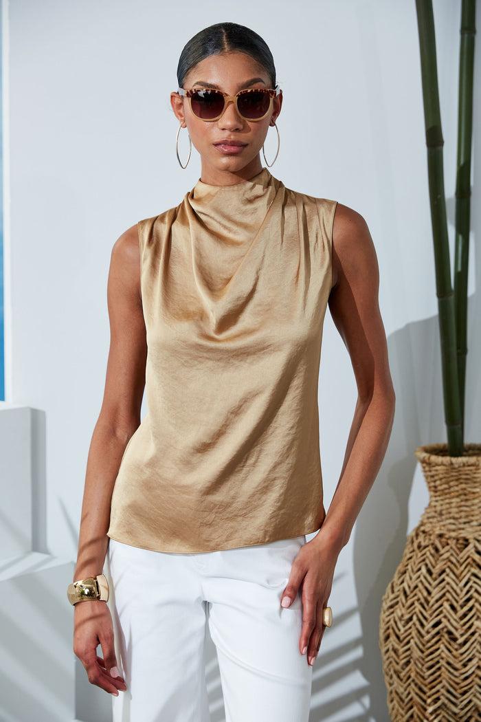 Elie Tahari Satin Draped Neck Top SANDCASTLE
