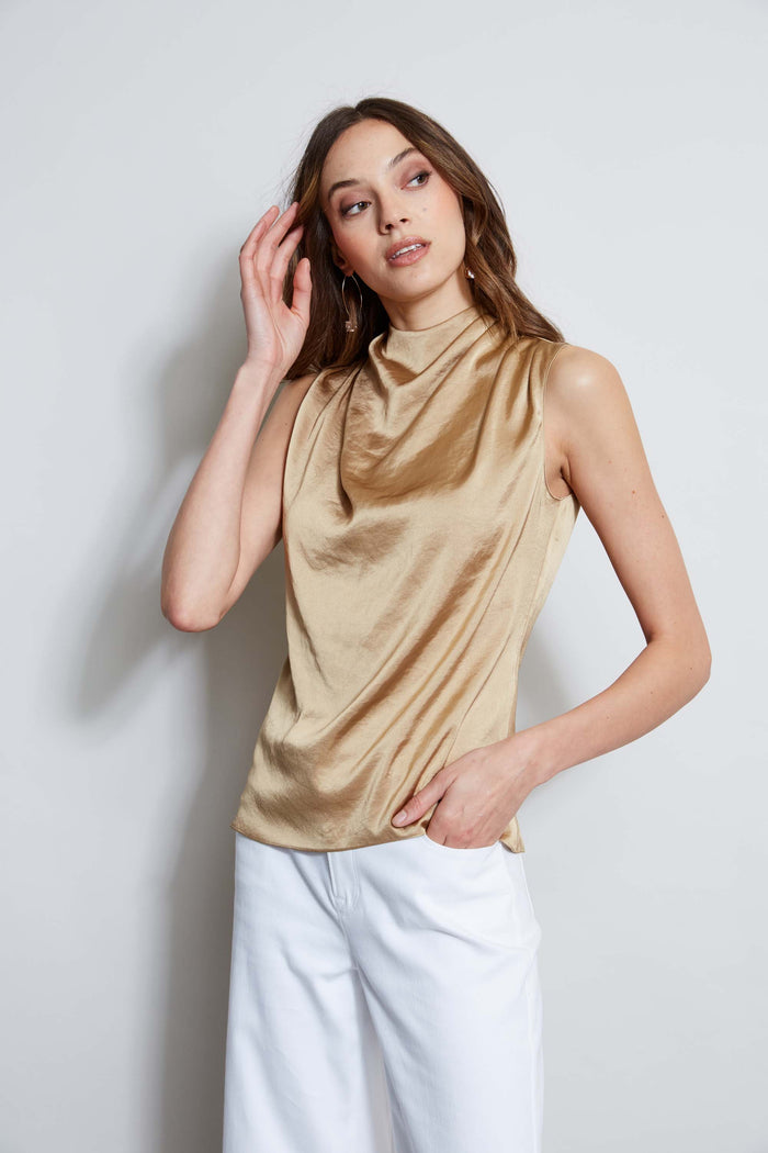 Elie Tahari Satin Draped Neck Top SANDCASTLE