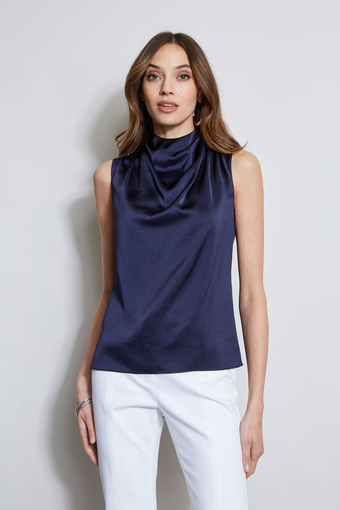 Elie Tahari Satin Draped Neck Top STARGAZER