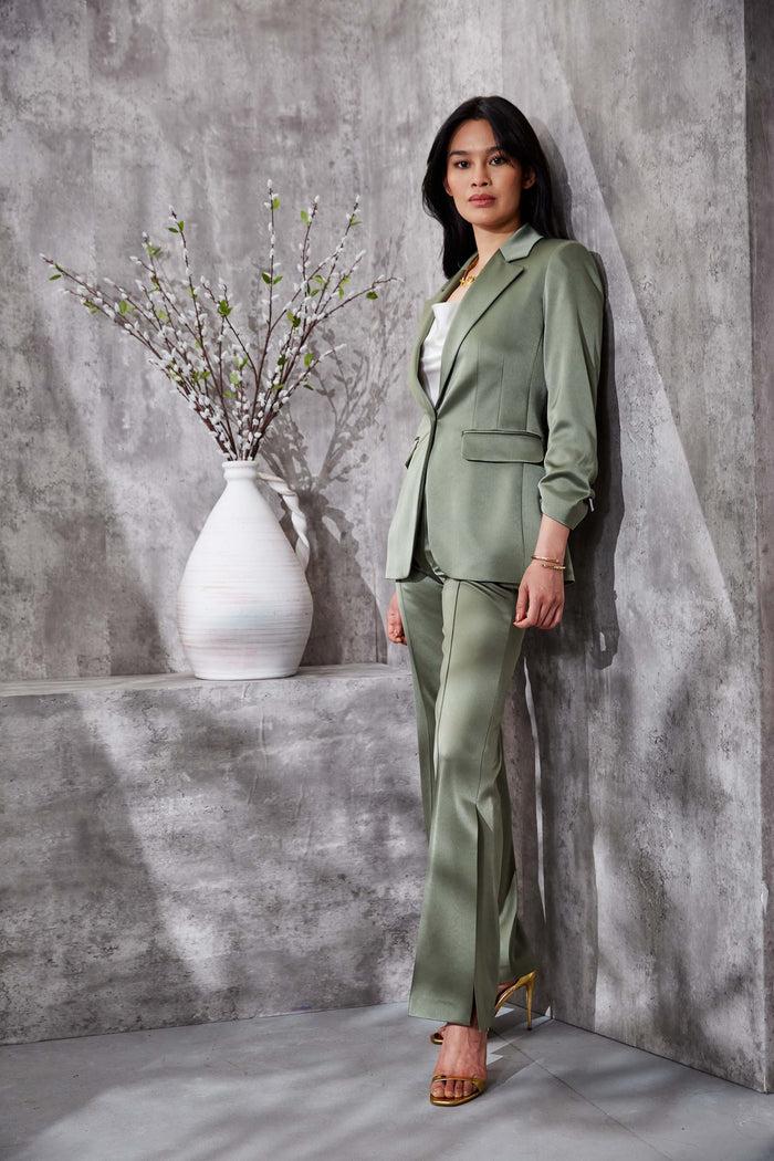 Elie Tahari Satin Side Slit Pant TUSCAN OLIVE