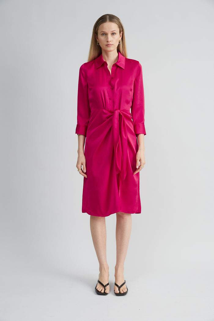 Elie Tahari Satin Tie Shirt Dress CYCLAMEN