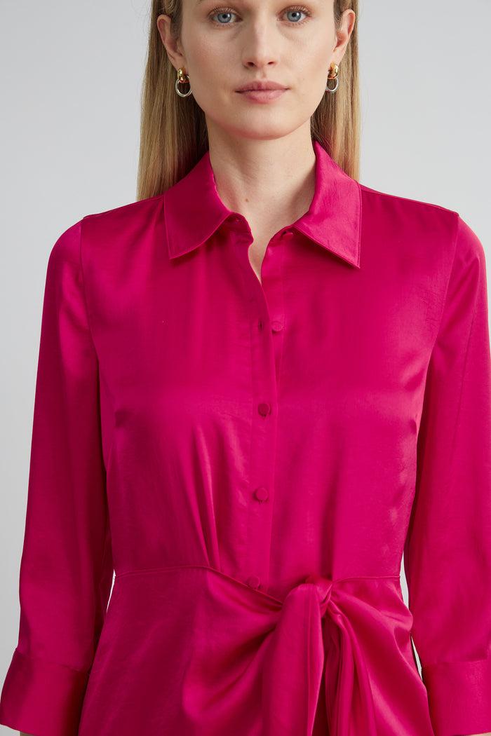 Elie Tahari Satin Tie Shirt Dress CYCLAMEN