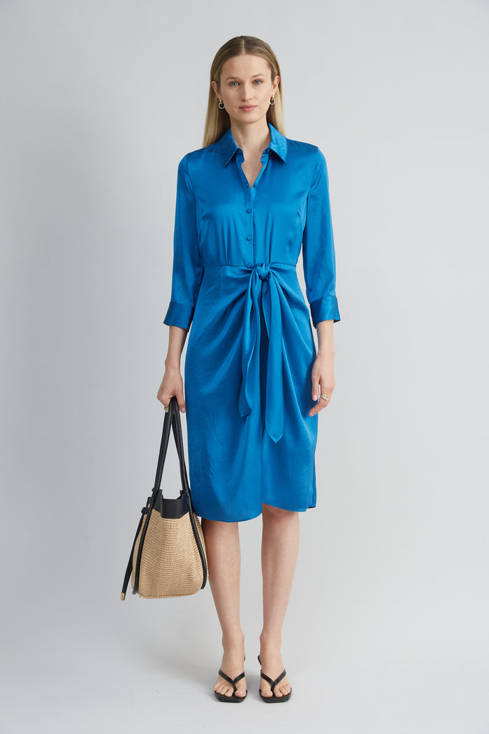 Elie Tahari Satin Tie Shirt Dress OCEAN