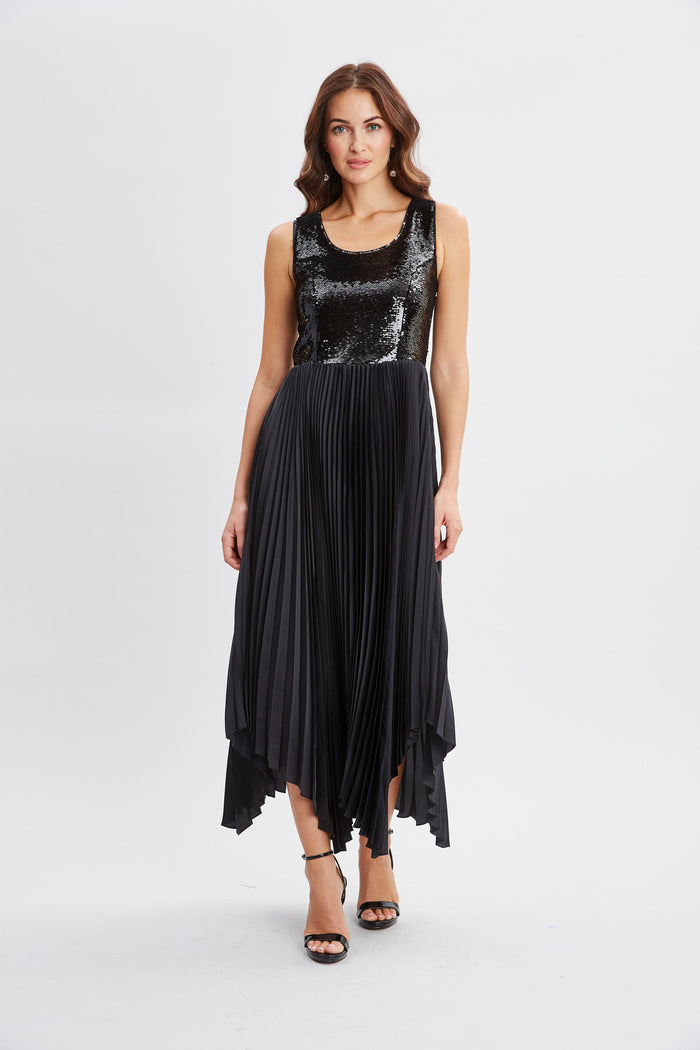 Elie Tahari Sequin Bodice Pleated Dress Noir
