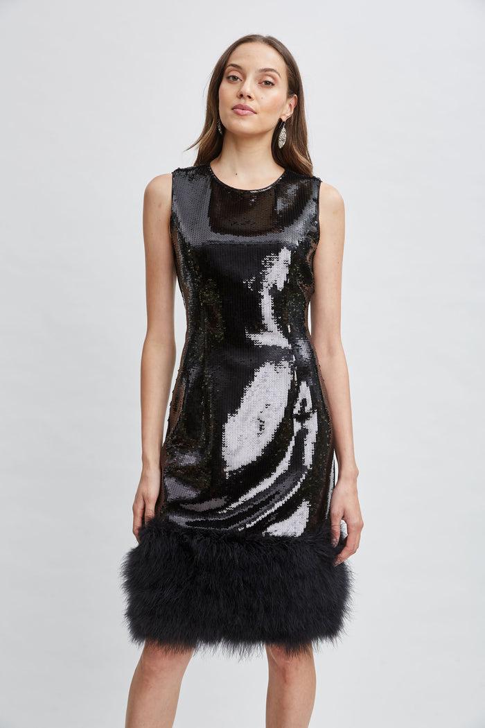 Elie Tahari Sequin Feather Hem Dress NOIR SEQUIN
