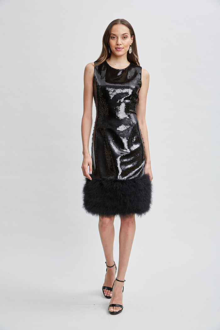 Elie Tahari Sequin Feather Hem Dress NOIR SEQUIN