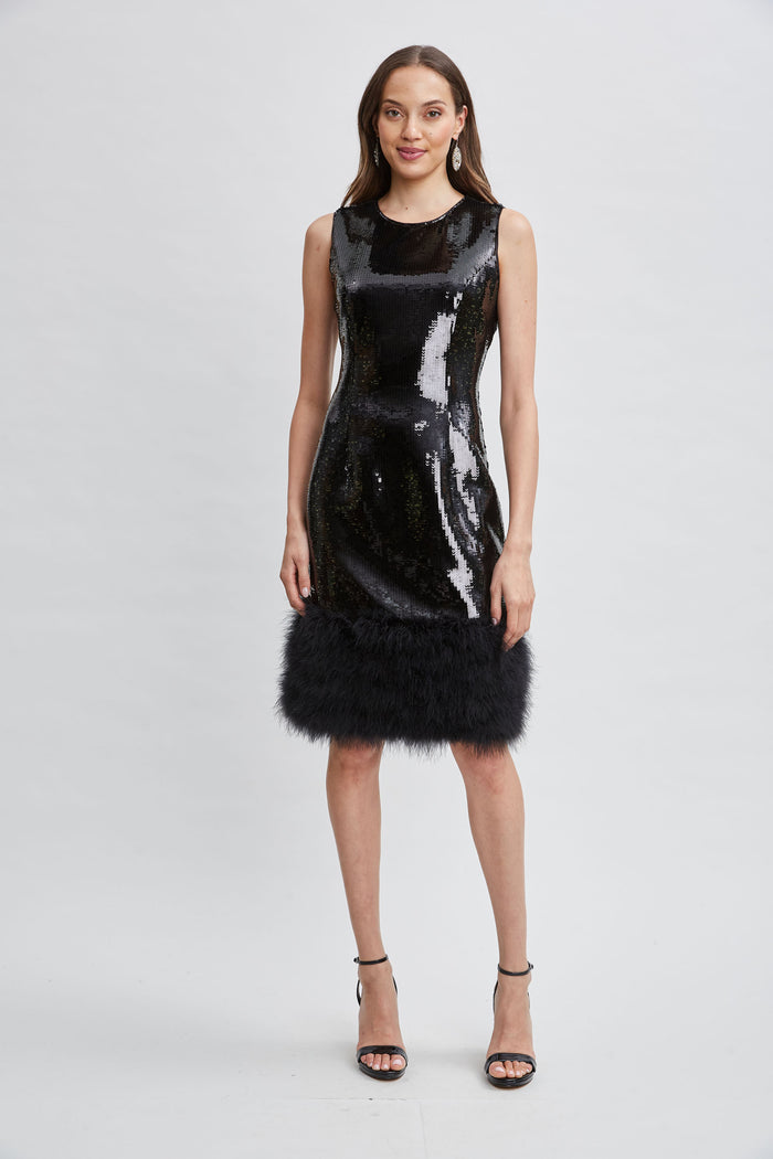 Elie Tahari Sequin Feather Hem Dress NOIR SEQUIN