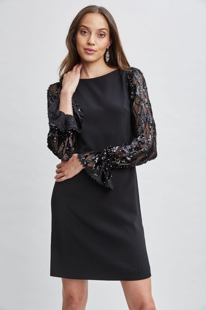 Elie Tahari Sequin Sleeve Shift Dress BLACK
