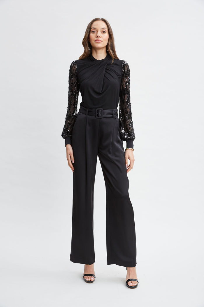 Elie Tahari Sequin Sleeve Twist Neck Knit BLACK