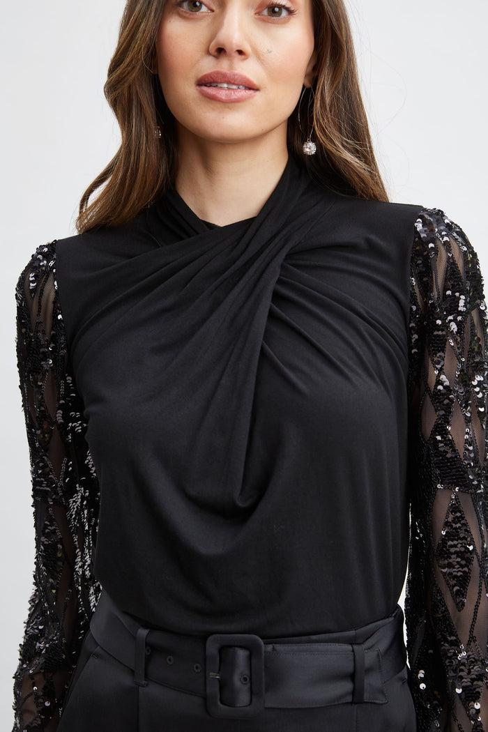 Elie Tahari Sequin Sleeve Twist Neck Knit BLACK