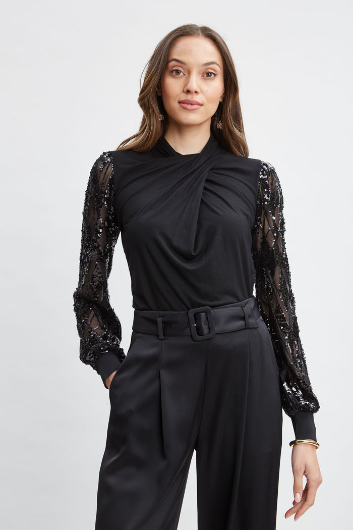 Elie Tahari Sequin Sleeve Twist Neck Knit BLACK