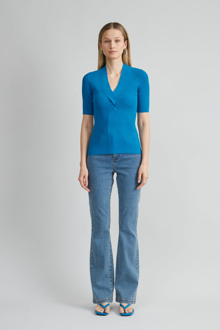 Elie Tahari Short Sleeve Cable Twist Sweater OCEAN