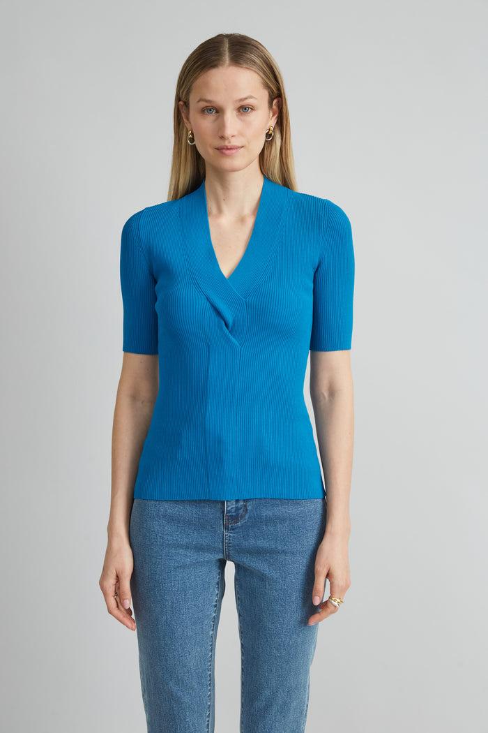 Elie Tahari Short Sleeve Cable Twist Sweater OCEAN