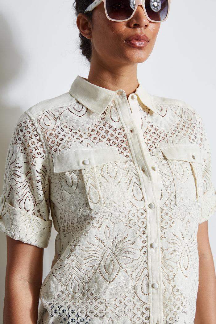 Elie Tahari Short Sleeve Lace Utility Shirt SAND