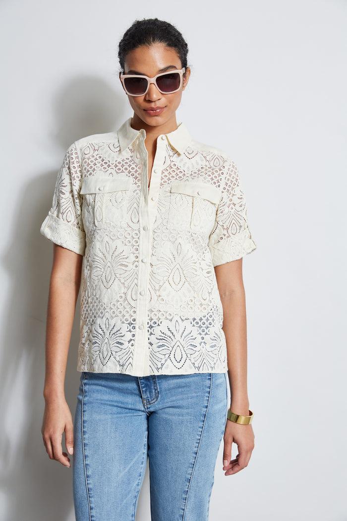 Elie Tahari Short Sleeve Lace Utility Shirt SAND
