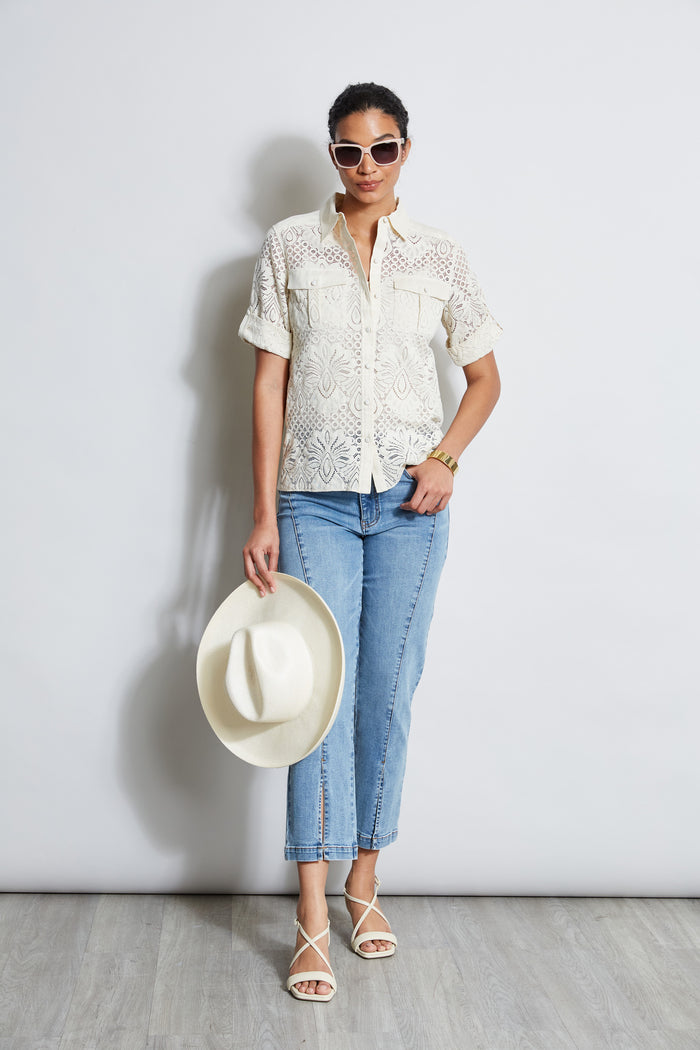Elie Tahari Short Sleeve Lace Utility Shirt SAND