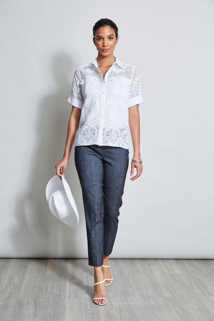 Elie Tahari Short Sleeve Lace Utility Shirt WHITE