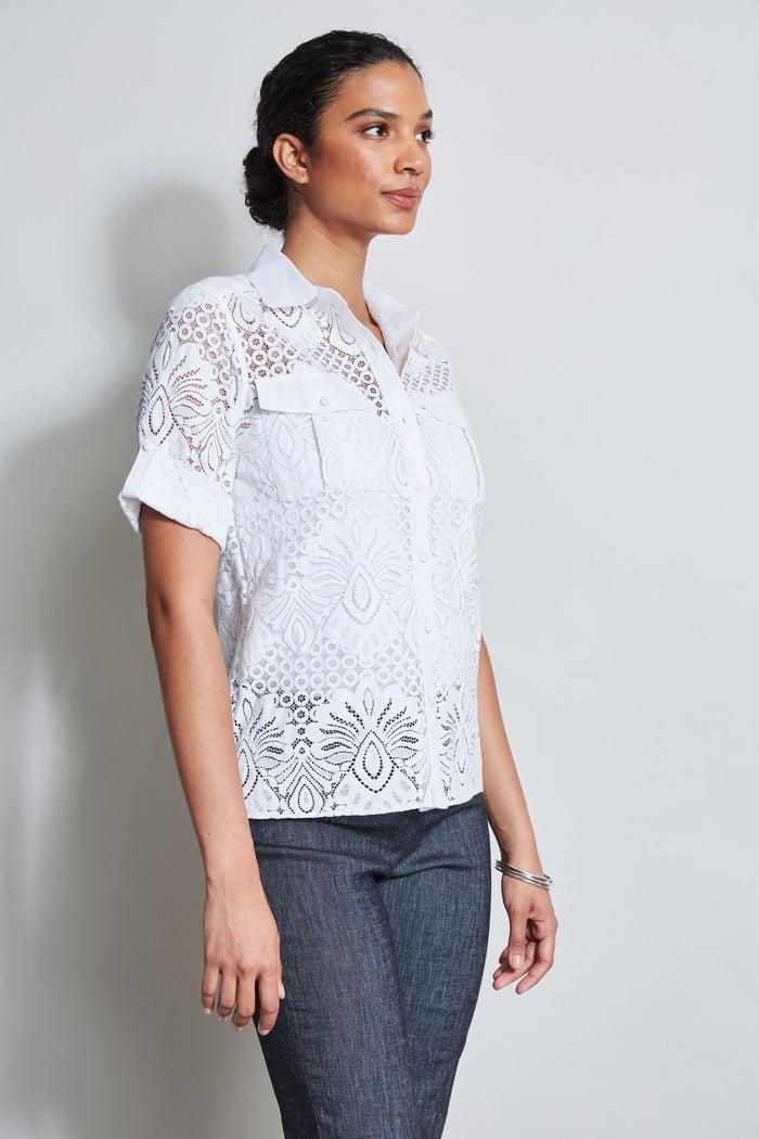 Elie Tahari Short Sleeve Lace Utility Shirt WHITE