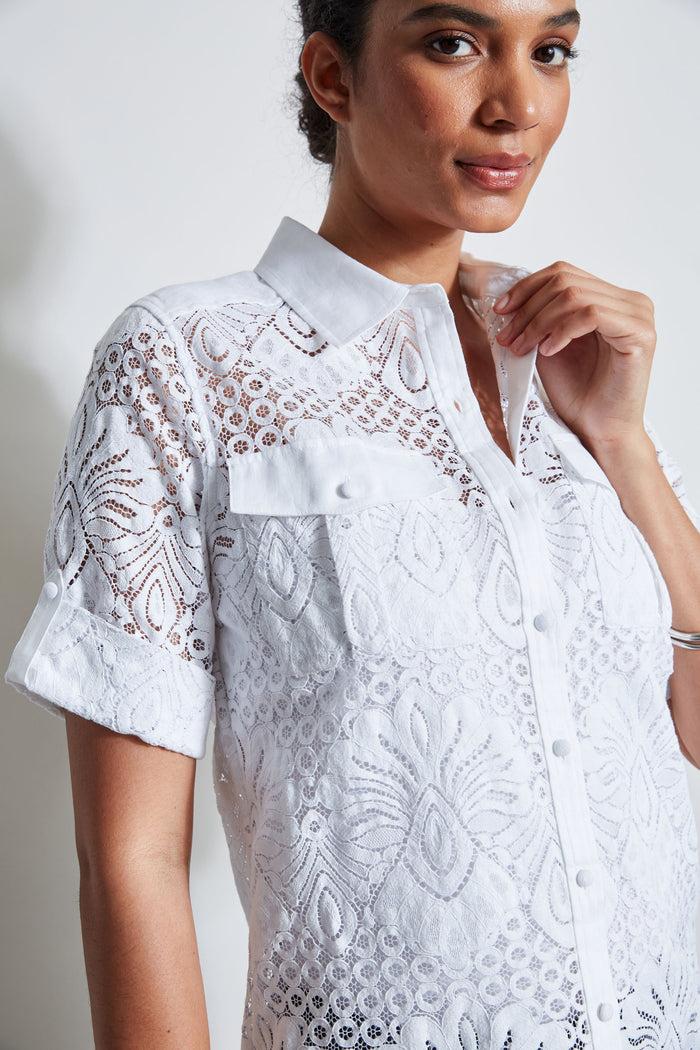 Elie Tahari Short Sleeve Lace Utility Shirt WHITE