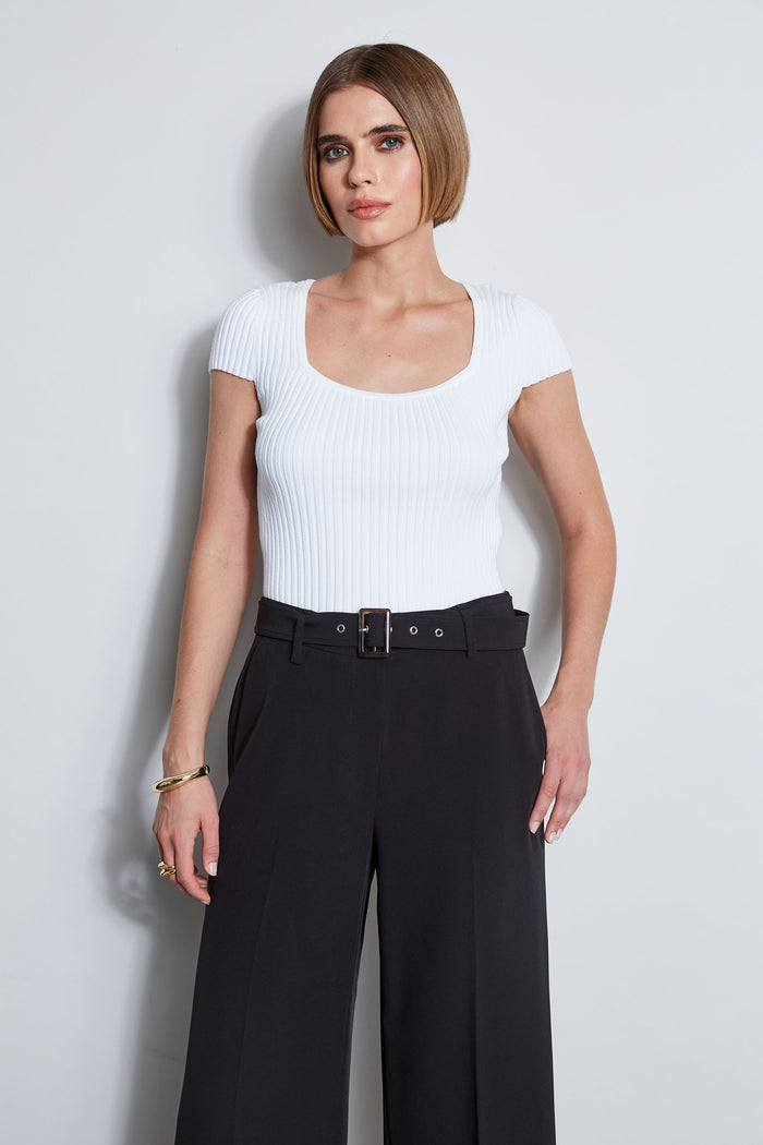 Elie Tahari Short Sleeve Rib Sweater Sky White