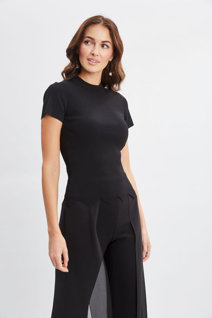 Elie Tahari Short Sleeve Scallop Sweater BLACK