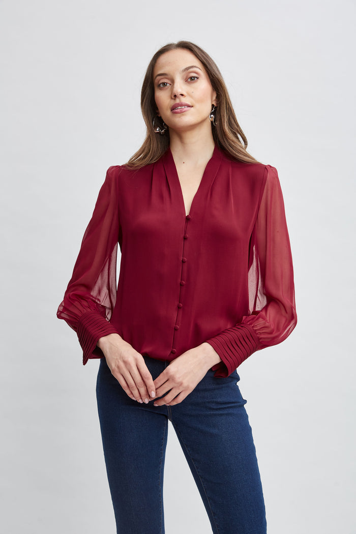 Elie Tahari Silk Blouson Button Shirt SANGRIA