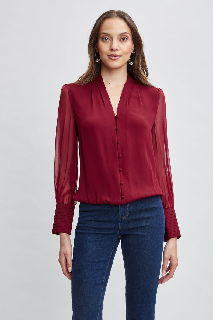 Elie Tahari Silk Blouson Button Shirt SANGRIA