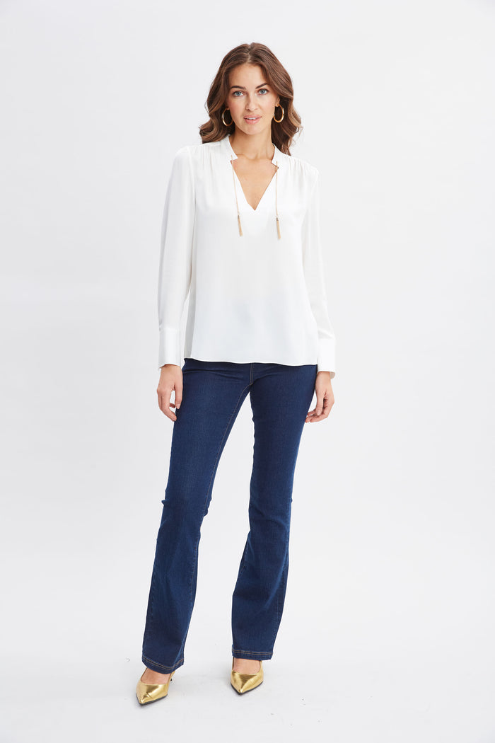 Elie Tahari Silk Chain Tassel Shirt FRESH PEARL
