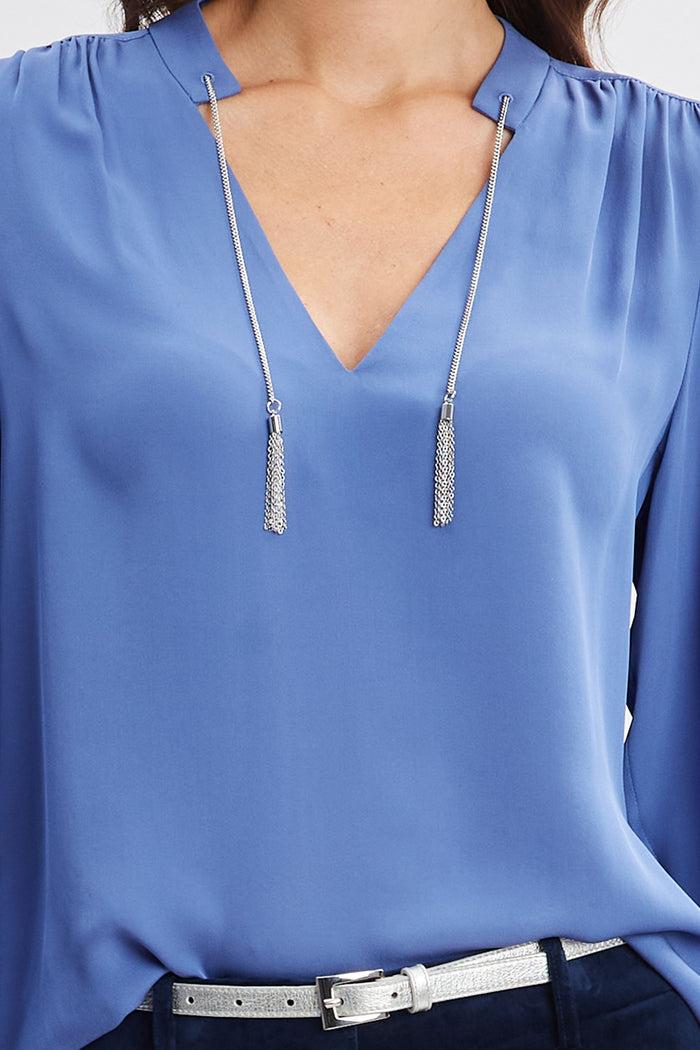 Elie Tahari Silk Chain Tassel Shirt SLATE BLUE