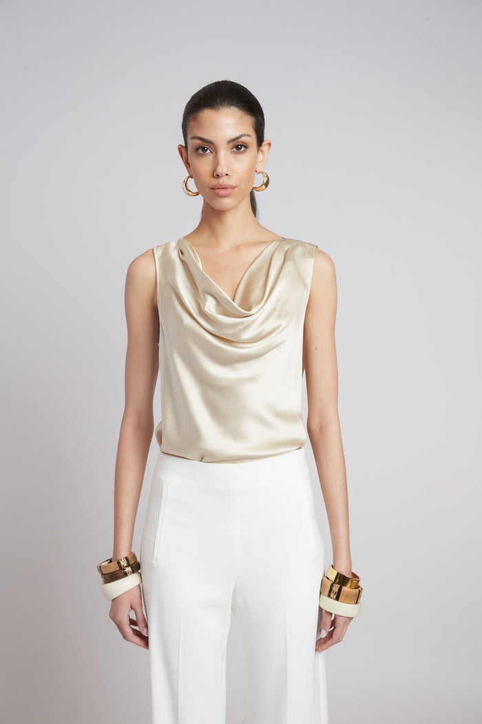 Elie Tahari Silk Cowl Neck Top DRIFTWOOD