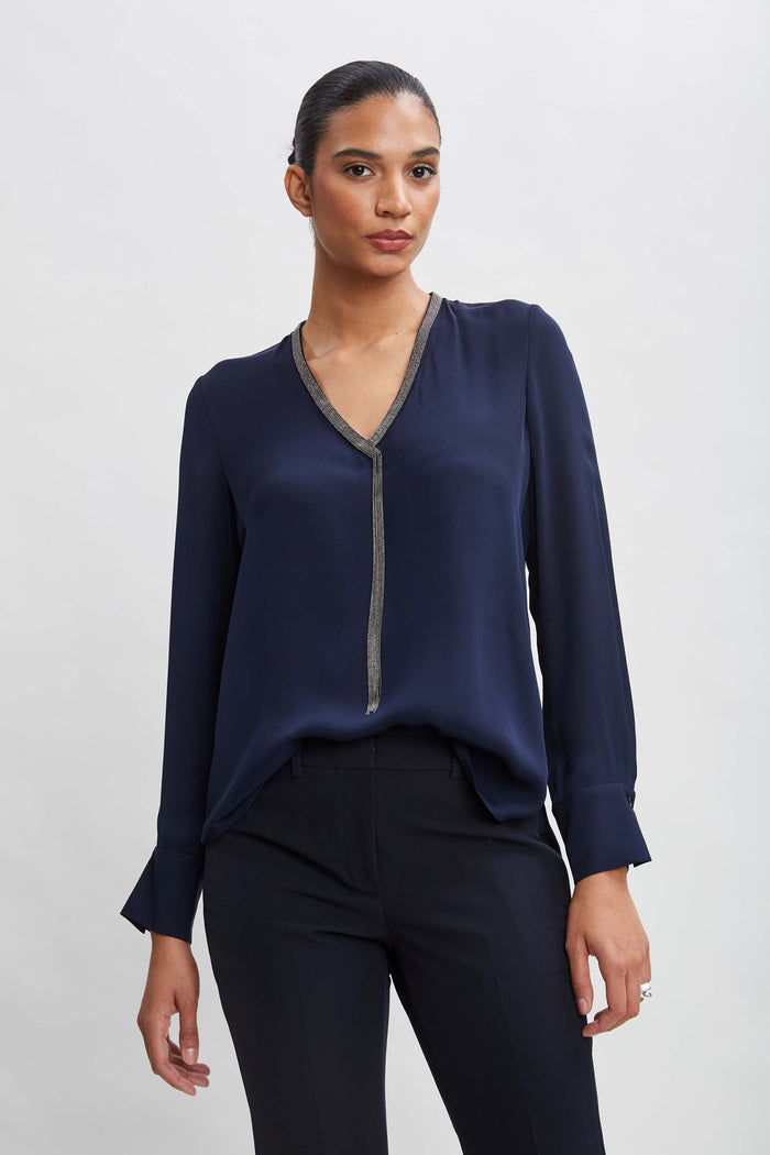 Elie Tahari Silk Long Sleeve Chain Shirt MIDNIGHT