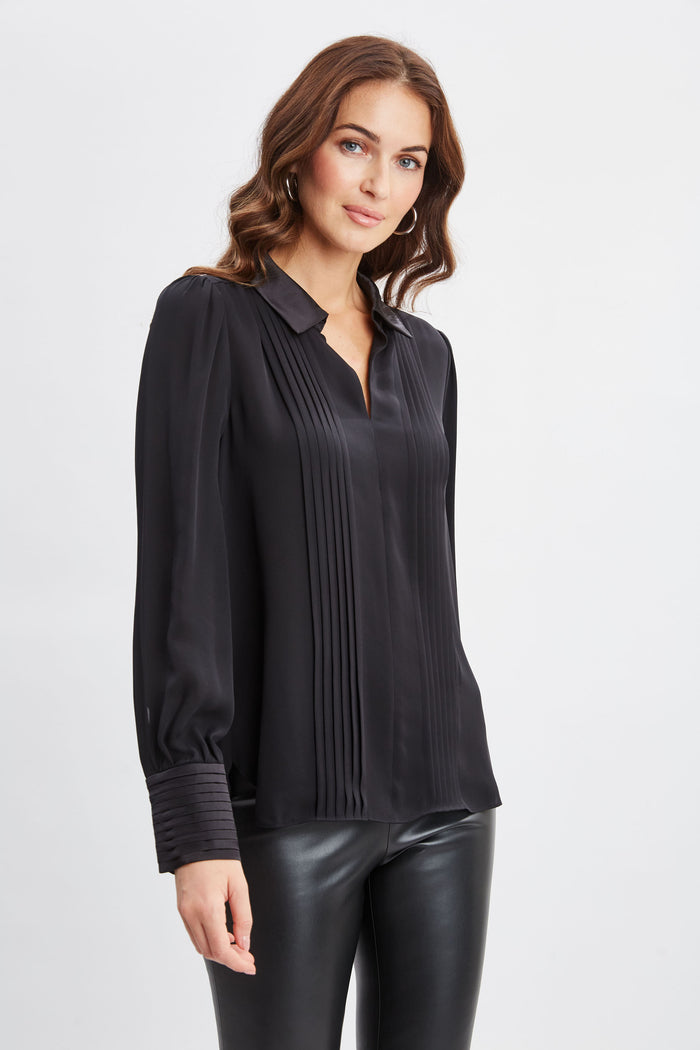 Elie Tahari Silk Pintuck Shirt BLACK