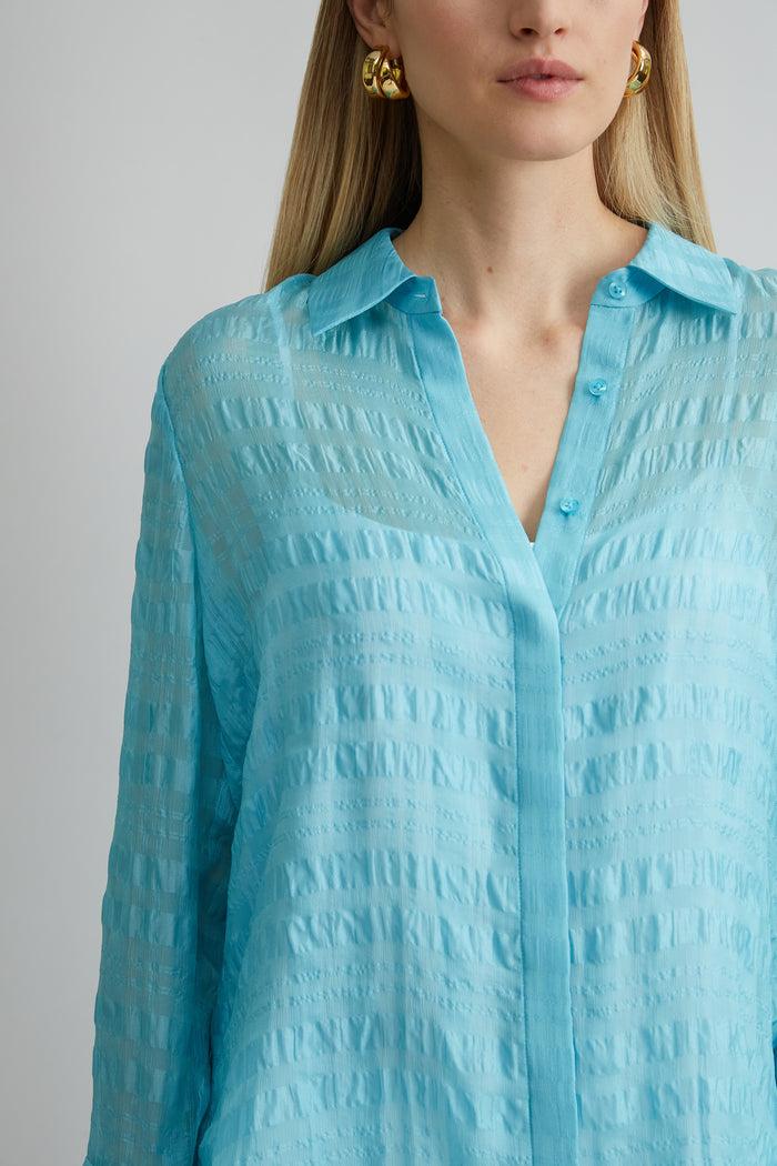 Elie Tahari Silk Plaid Jacquard Shirt AQUAMARINE