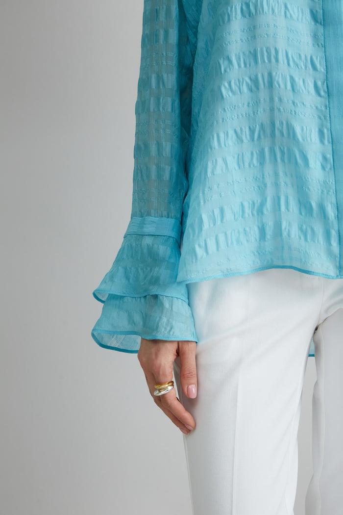 Elie Tahari Silk Plaid Jacquard Shirt AQUAMARINE