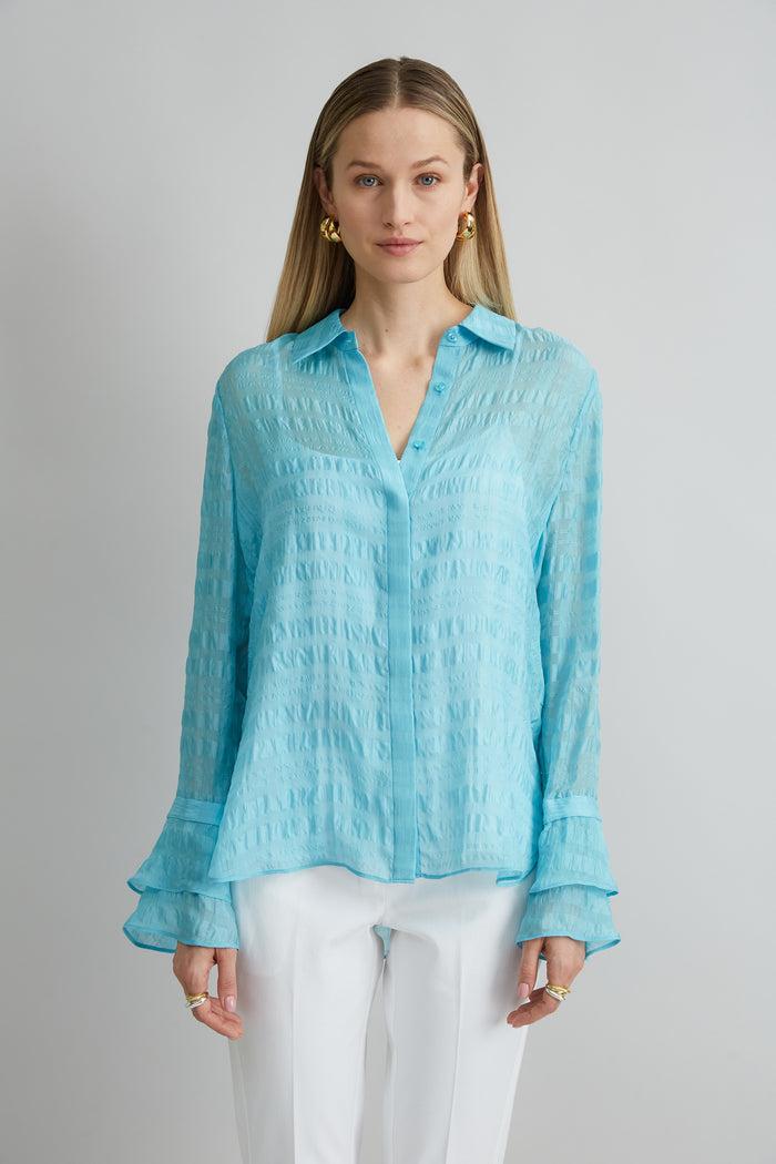 Elie Tahari Silk Plaid Jacquard Shirt AQUAMARINE