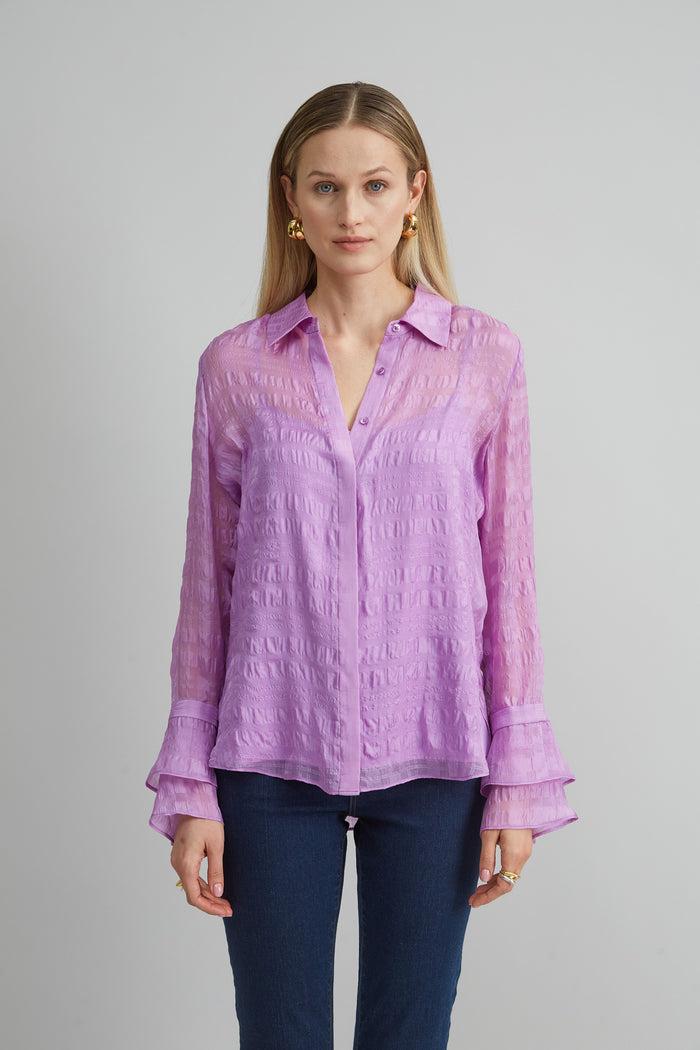 Elie Tahari Silk Plaid Jacquard Shirt IRIS