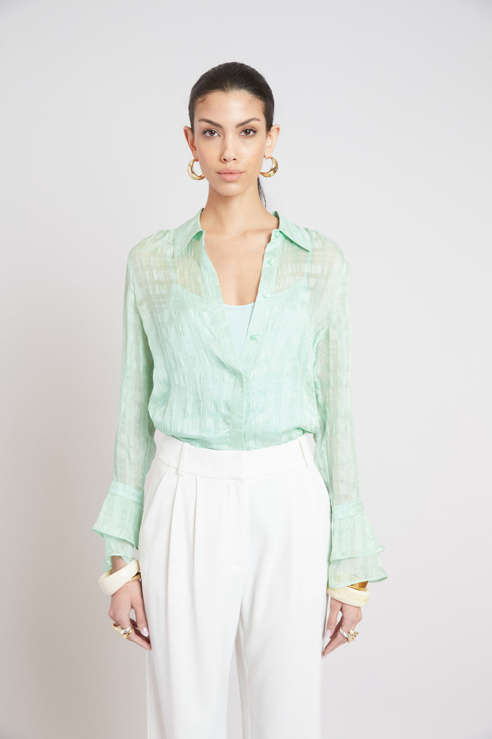 Elie Tahari Silk Plaid Jacquard Shirt MINT