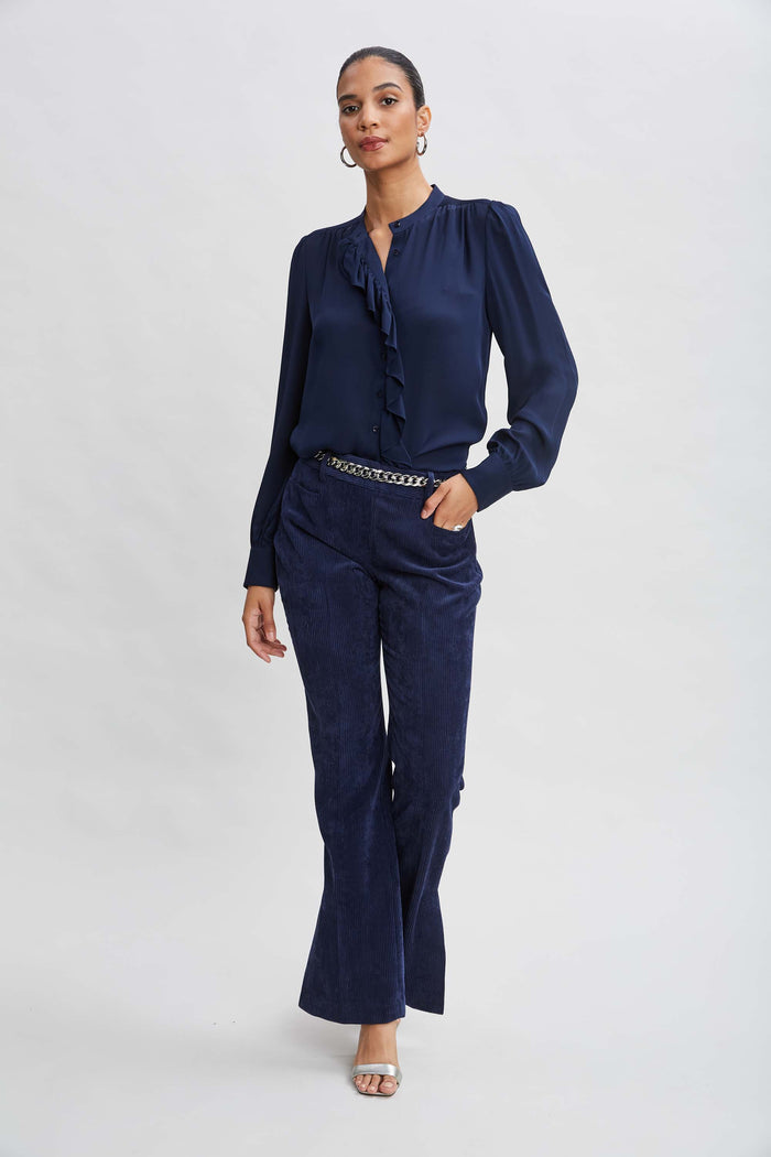 Elie Tahari Silk Ruffle Button Down Shirt MIDNIGHT