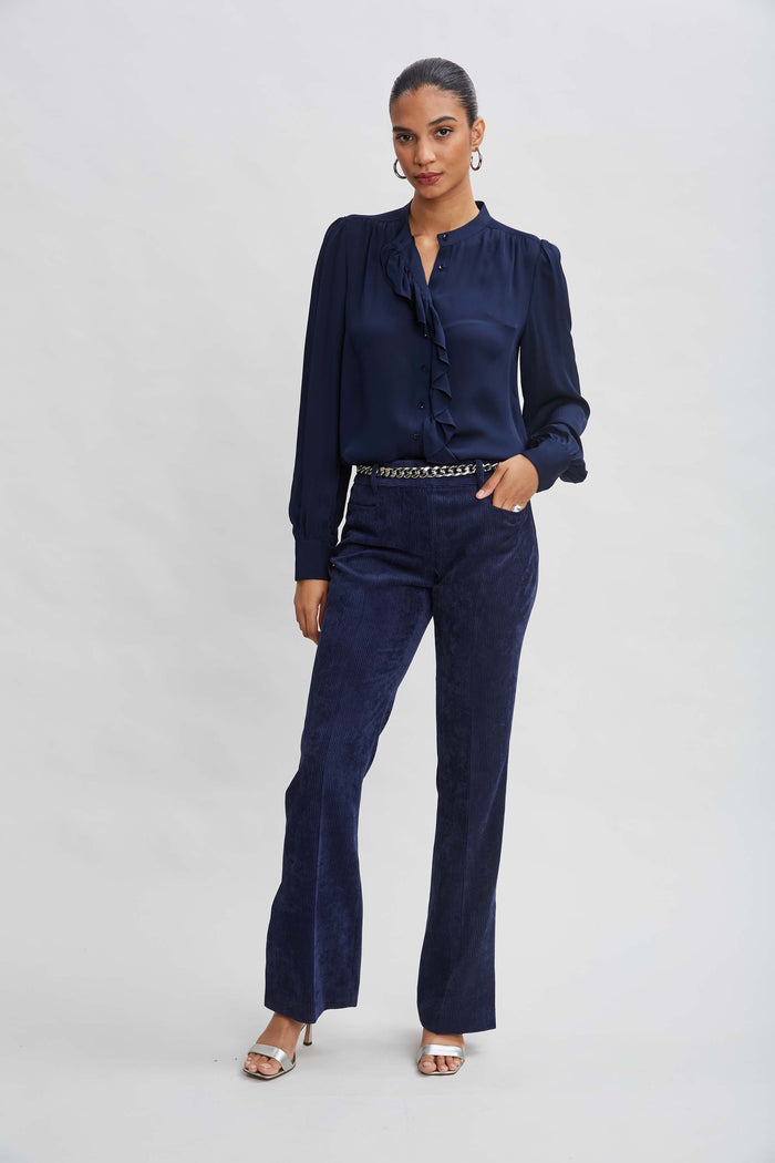 Elie Tahari Silk Ruffle Button Down Shirt MIDNIGHT