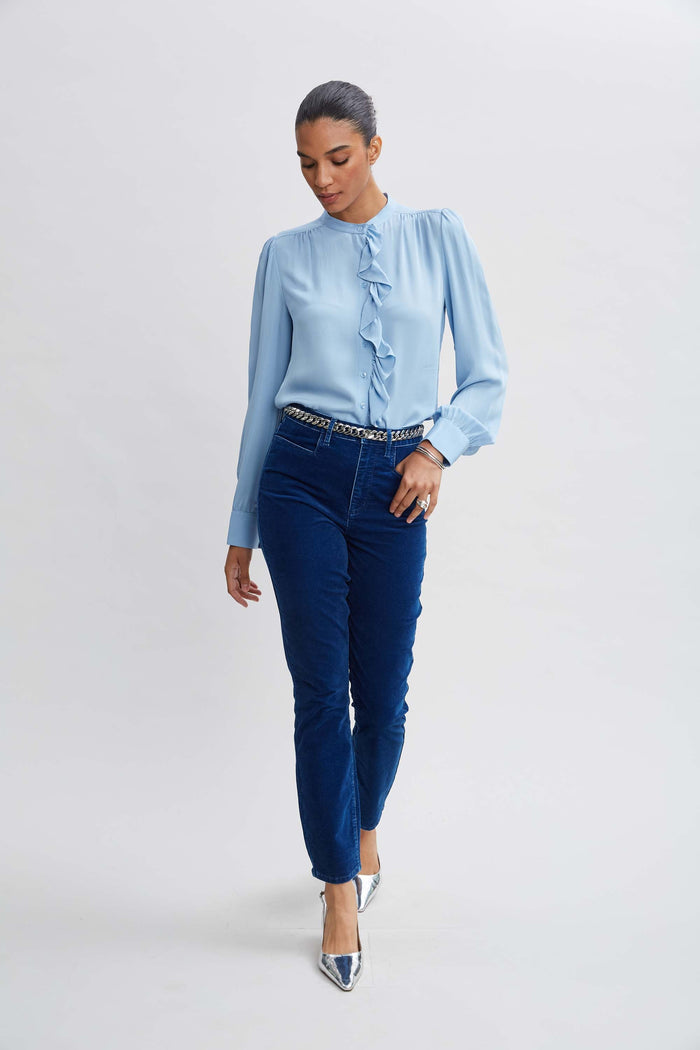 Elie Tahari Silk Ruffle Button Down Shirt SKY BLUE