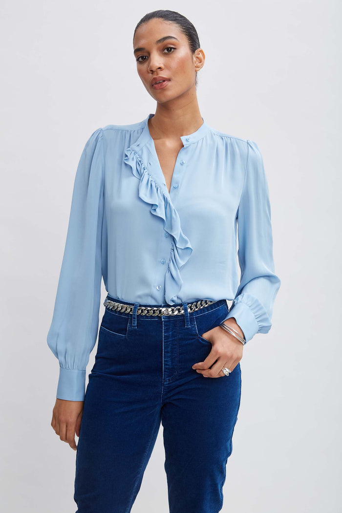 Elie Tahari Silk Ruffle Button Down Shirt SKY BLUE
