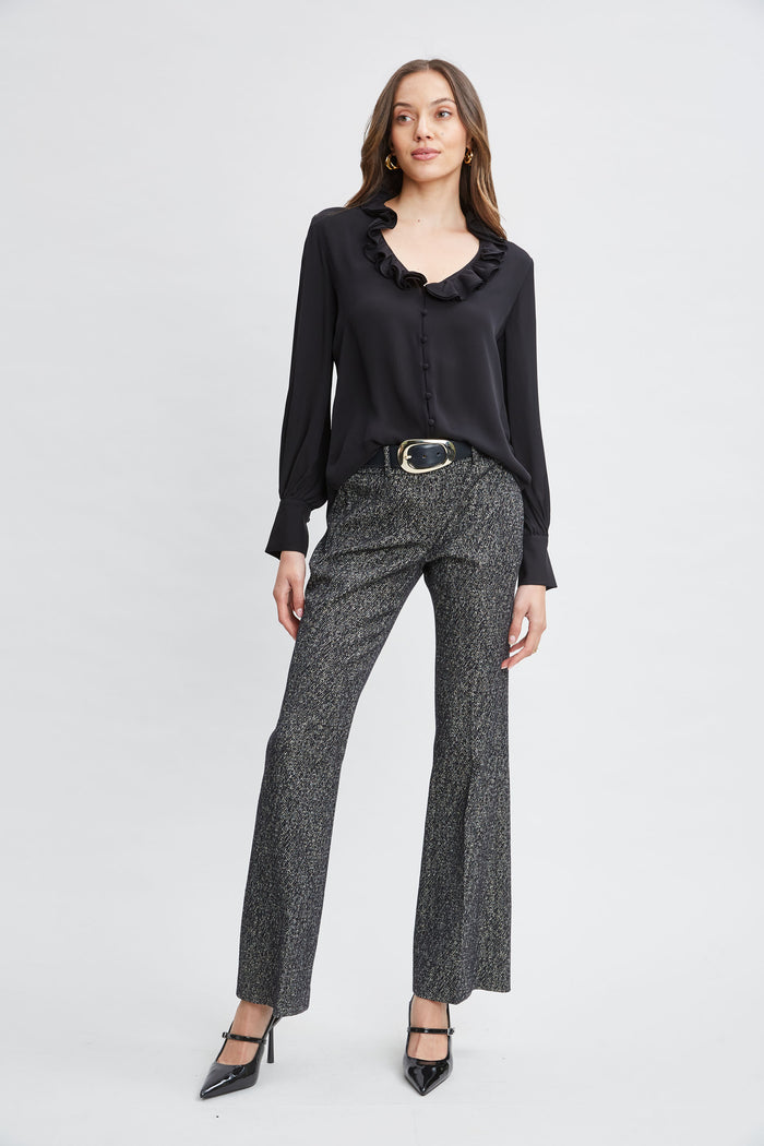 Elie Tahari Silk Ruffle Neck Shirt BLACK