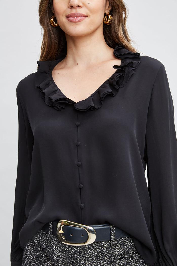 Elie Tahari Silk Ruffle Neck Shirt BLACK